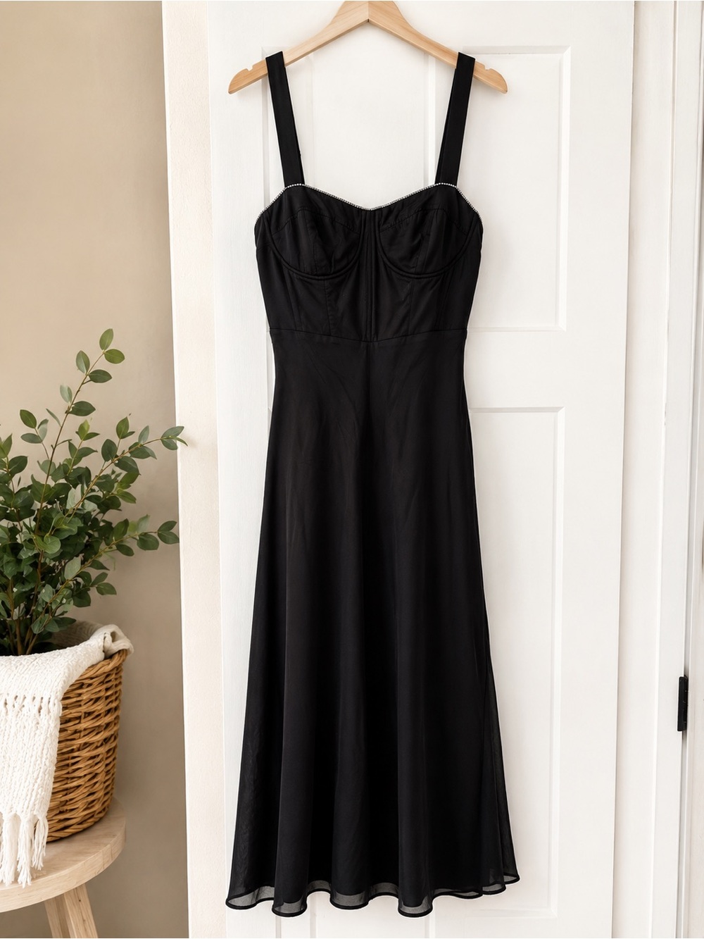 Böhme classic black corset-style midi dress. Straps structured underwire cups M
